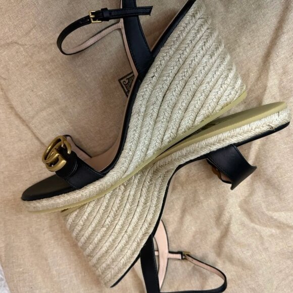 Gucci Aitana GG Marmont Black Leather Espadrille Wedge Sandals Size 41 US 11 - Picture 9 of 10